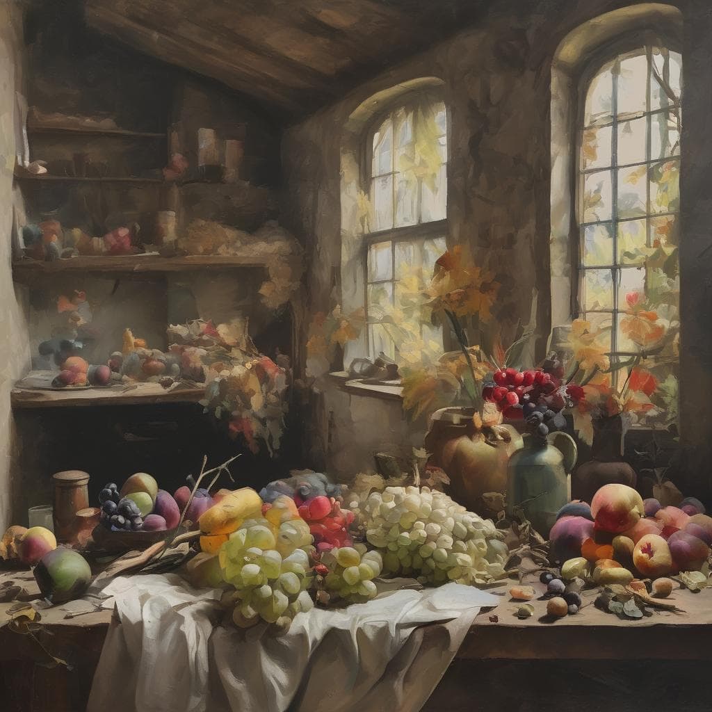 Παραδοσιακή ελαιογραφία με φρούτα και ανθάκια, τέχνη και σύγχρονες τάσεις στον καλλιτεχνικό κόσμο.