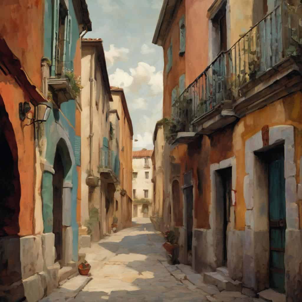 Ζωγραφική με θέμα καλλιτεχνική δημιουργία και νέες τάσεις σε γραφική εικόνα παλιού ελληνικού σοκάκιου.