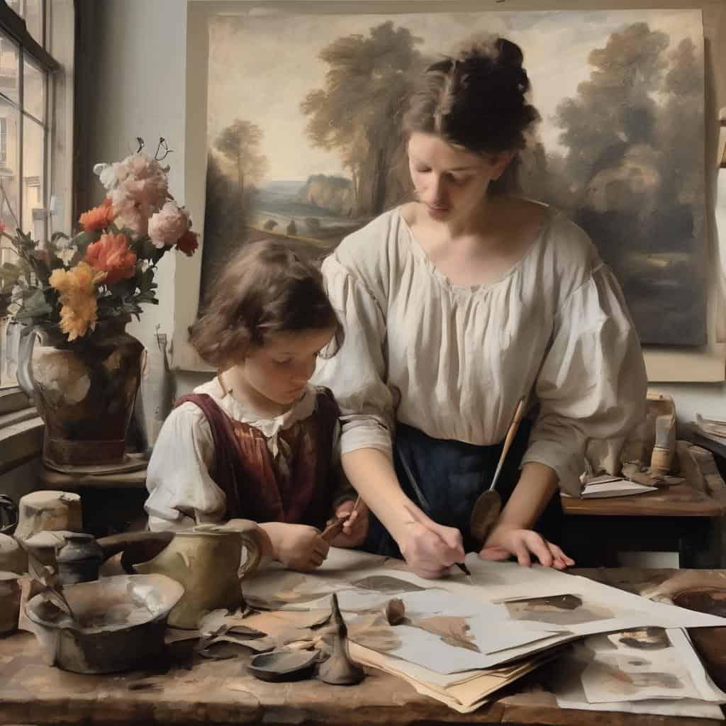 Παράσταση καλλιτεχνικής δημιουργίας και νέων τάσεων στην τέχνη, με γυναίκες και ιστορικά αντικείμενα.