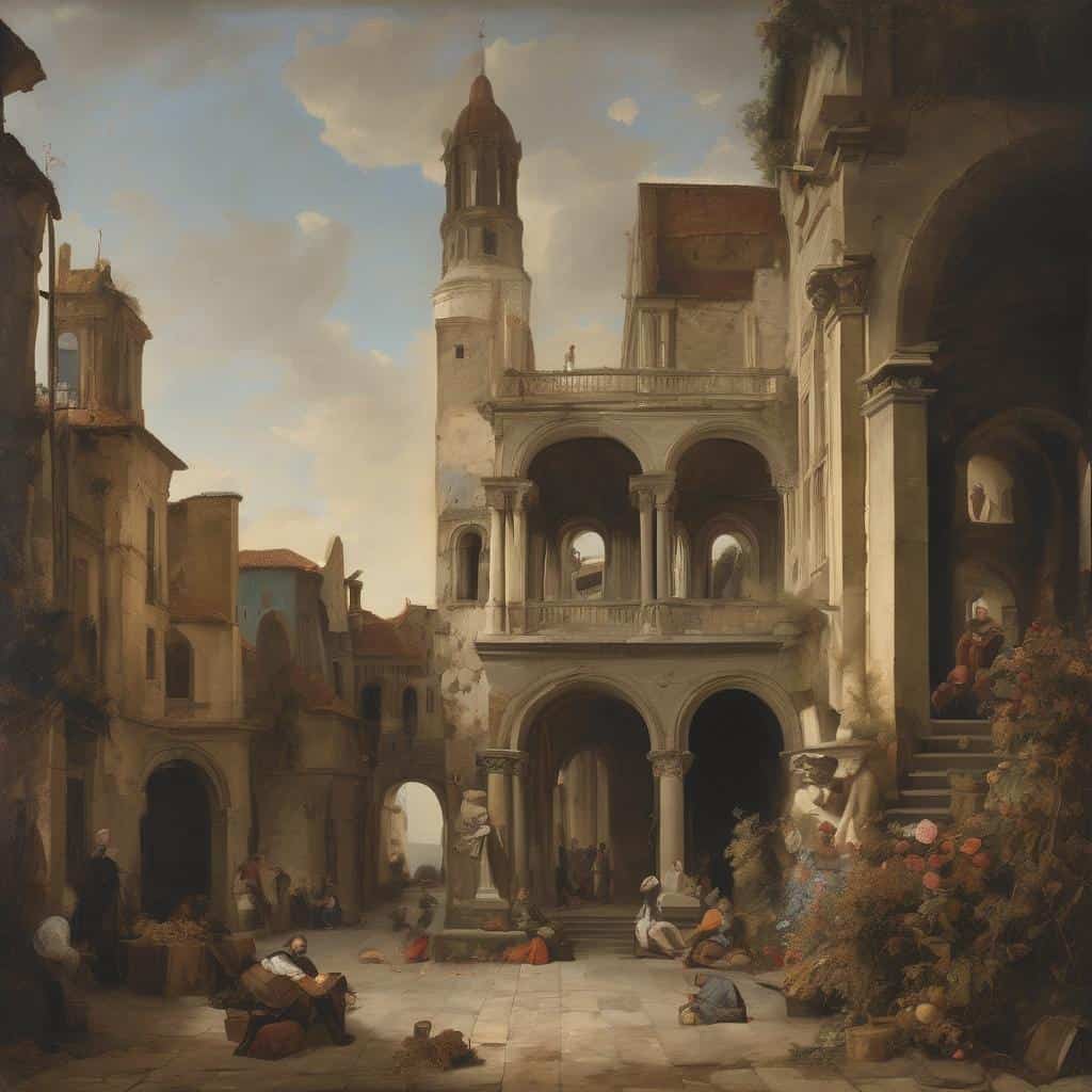 καλλιτεχνική δημιουργία και νέες τάσεις, ρομαντικό αστικό τοπίο με γοτθική αρχιτεκτονική και ανθρώπους, ζωγραφική σε στυλ Αναγέννησης και μπαρόκ.